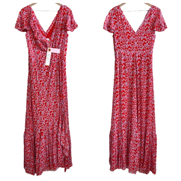 $795 TANYA TAYLOR NWT Designer Silk Boho Red Purple Floral Maxi Dress — Size 6 - Picture 7 of 16